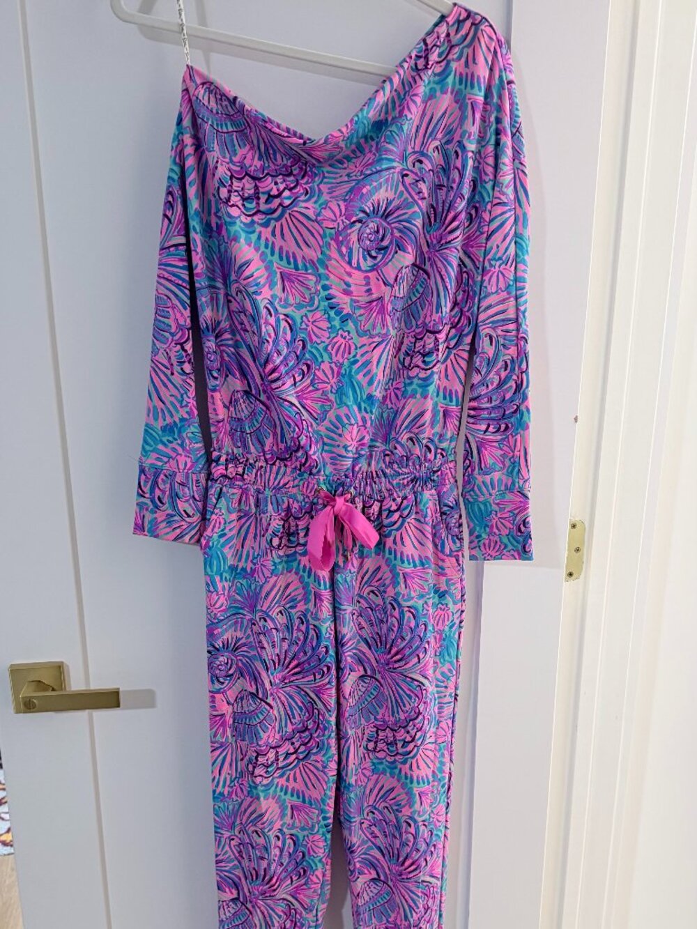 Lilly Pulitzer Printed One Shoulder Jumpsuit Pink Blue Shell Print